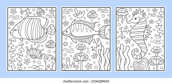 Collection of coloring pages. Underwater life in the sea, ocean. Hand drawn coloring for kids and adults. Beautiful simple drawings with patterns. Coloring book pictures with fish. Vector set