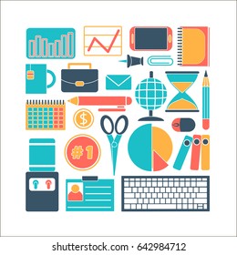 Collection of colors of business elements, office equipment icons vector illustration in flat style.