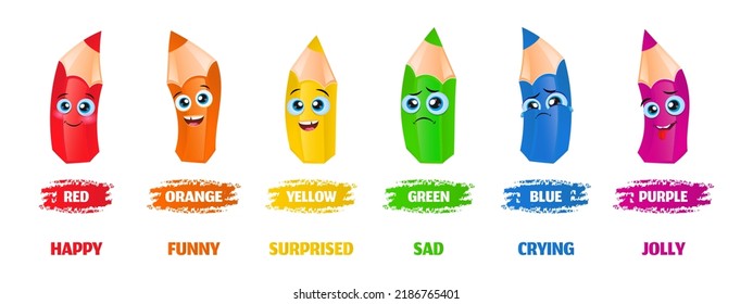 Collection of Colors Pencil Characters with different human Emotions for Children Education. Color set of pencil faces with different expressions.