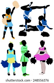 Collection of colors silhouettes of children of cheerleaders 