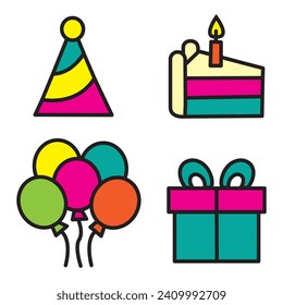 Collection of colour birthday stickers collection icon set with cake, balloons and gift box and festive cap. Vector illustration