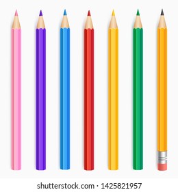 Collection of colour pencils isolated on white background. Art material for drawing. School supplies. Vector illustration.