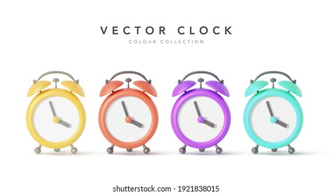 Collection of colour vintage alarm clock isolated on white background. Vector illustration