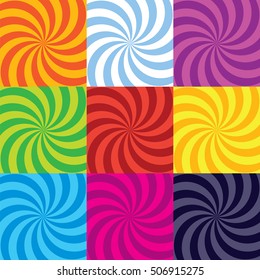 Collection of colour-burst swirl spiral backgrounds.