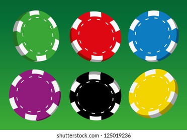 Colección de fichas de casino coloreado, ilustración vectorial.