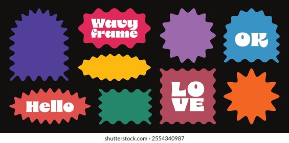 Collection of colourful abstract zig zag wavy frames in different shapes with space for text. Stickers set in rectangle, circle, oval and arc shapes. Vector illustration 