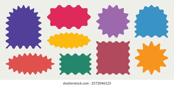 Collection of colourful abstract zig zag wavy frames in different shapes with space for text. Stickers set in rectangle, circle, oval and arc shapes. Vector illustration
