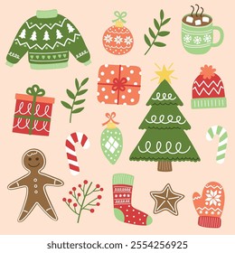 Collection of colourful Christmas elements. Christmas tree, ball, present, sock, cookie, cup, hat, sweater, gloves. Vector illustration