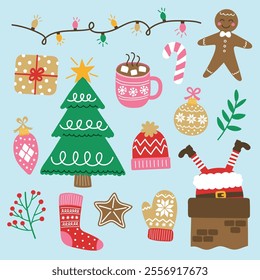 Collection of colourful Christmas elements. Christmas tree, ball, present, sock, cookie, cup, hat, sweater, gloves. Vector illustration