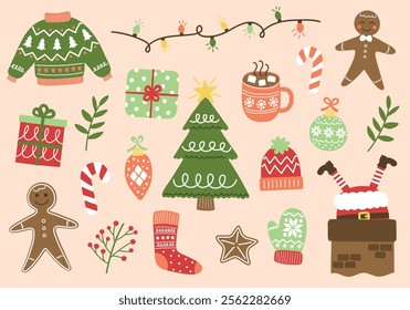 Collection of colourful Christmas elements. Christmas tree, ball, present, sock, cookie, cup, hat, sweater, gloves. Vector illustration