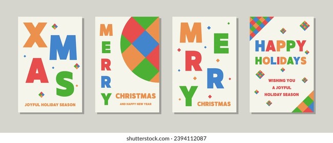 Collection of colourful Christmas greeting card with geometric elements. Vector illustration