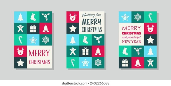 Collection of colourful Christmas greeting card with decorations. Vector illustration