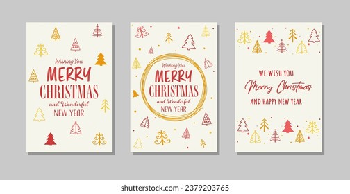 Collection of colourful Christmas greeting cards with hand drawn trees. Vector illustration 