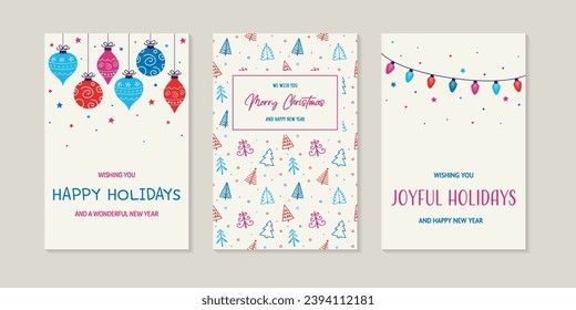 Collection of colourful Christmas greeting cards. Hand drawn tree, bauble and lights. Vector illustration 