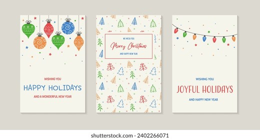 Collection of colourful Christmas greeting cards. Hand drawn tree, bauble and lights. Vector illustration 