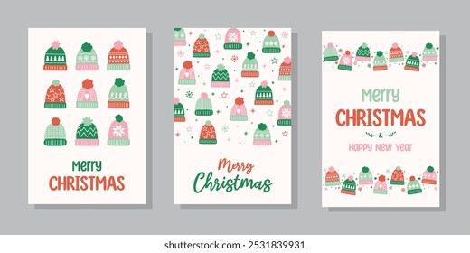 Collection of colourful Christmas posters in cartoon style. Greeting card decorated with cute hand drawn winter hats. Vector illustration