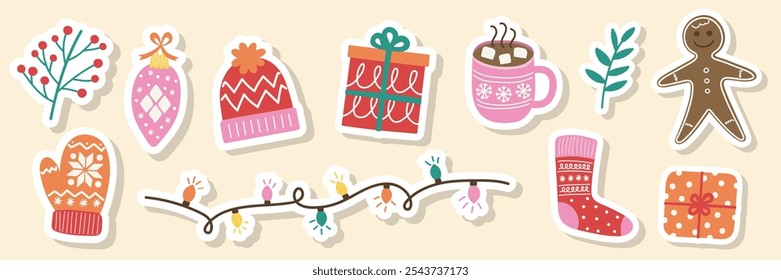 Collection of colourful Christmas stickers. Christmas tree, ball, present, sock, cookie, cup, hat, sweater, gloves. Vector illustration
