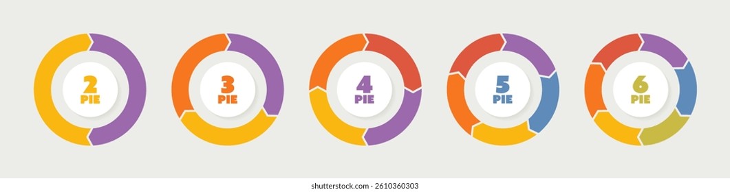 Collection of colourful circle diagrams designs for infographic, business or presentation. Pie chart set with sections or steps from 2 to 6. Vector illustration