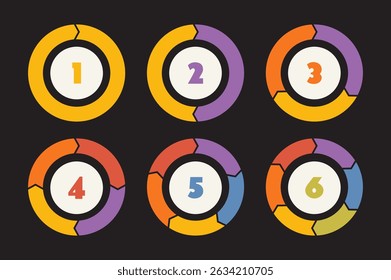 Collection of colourful circle diagrams designs for infographic, business or presentation. Pie chart set with sections or steps from 1 to 6. Vector illustration