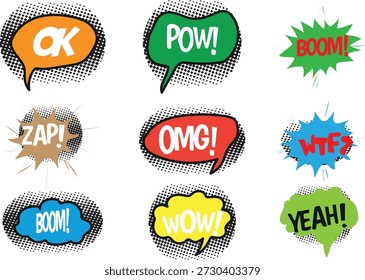 Colección de coloridas burbujas de discurso de cómic que muestran emocionantes palabras onomatopeyas contra un fondo blanco que crean un efecto visual dinámico.
