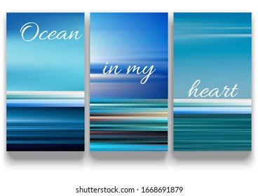 Collection of colourful gradient backgrounds for cover design or wallpaper for smartphone. Bright blue colours of ocean, sea, tropical island, sky. 