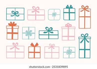 Collection of colourful hand drawn gift boxes. Christmas elements. Vector illustration