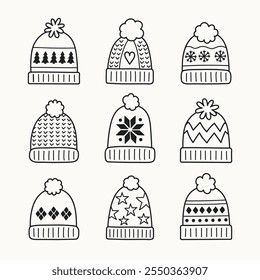 Collection of colourful hand drawn winter hats. Christmas elements. Vector illustration