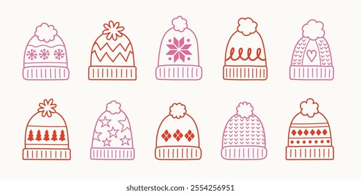 Collection of colourful hand drawn winter hats. Christmas elements. Vector illustration