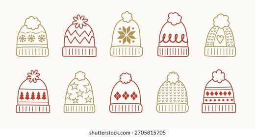 Coleção de chapéus coloridos de inverno desenhados à mão. Elementos de Natal. Ilustração vetorial