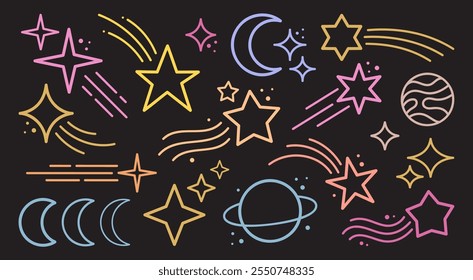Collection of colourful hand-drawn line icons featuring stars, moons, planets, and cosmic elements on a dark background. Design for space themed projects, decorative designs, or creative compositions