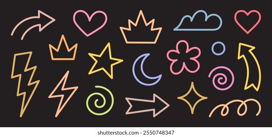 Colección de coloridos iconos de líneas dibujadas a mano con corazones, estrellas, flechas, coronas, nubes y otras Formas juguetonas. Diseño para proyectos creativos, diseños de redes sociales o fondo de moda