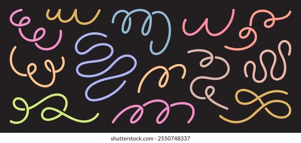 A collection of colourful hand-drawn swirls and curly line designs on a dark background. Design for creative projects, invitations, posters, or vibrant decorations.