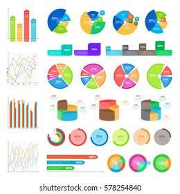 Collection of colourful infographics on white. Vector poster of round diagrams with percentages and column charts in flat style. Business informative schemes of development with percents and text
