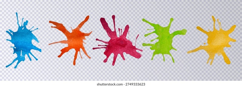 Collection of colourful paint splashes isolated on transparent background. Set of  decorative splashes in different colours.Art decorations.Paint spots.Watercolour splashes.Design elements.Vector illustration.