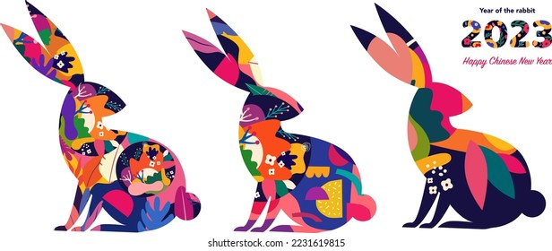 Collection of colourful rabbits. Happy Chinese New Year 2023. Year of the rabbit. Lunar New Year.