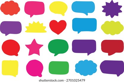 Collection of colourful speech bubbles and shapes including a heart and star for communication and design