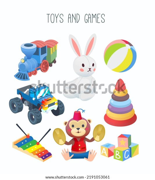 Collection of colourful toys and\
games for children. Images for kids products designs, books\
packaging, media and web articles, labels.  Isolated vector\
illustration