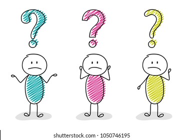 Collection of colurful stickmen with question mark icon. Vector.