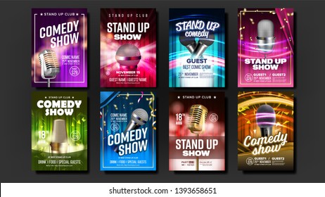 Collection Of Comedy Show Poster Cards Set Vector. Microphones, Bright Confetti, Multicolored Curtains Depicted And Calligraphy Text On Poster. Humorous Leisure Time In Club Realistic 3d Illustration