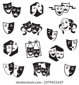 collection of comedy and tragedy theatrical masks isolated on white background