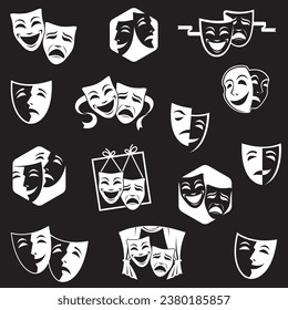 collection of comedy and tragedy theatrical masks isolated on black background