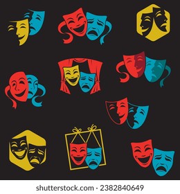 collection of comedy and tragedy theatrical masks isolated on black background