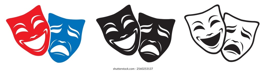 collection of comedy and tragedy theatrical masks isolated on white background