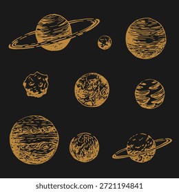 Coleção de cometas, planetas, estrelas, galáxias, asteroides. Ilustração de vetor desenhada à mão.