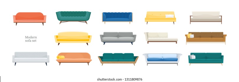 Collection of comfy modern sofas isolated on white background. Bundle of stylish comfortable couches of various types. Set of cozy furniture. Colorful vector illustration in flat cartoon style.