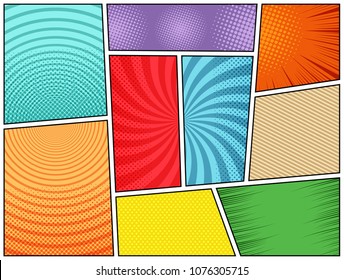 Collection of comic book backgrounds in different colors with radial, round, rays, slanted lines and halftone effects. Pop-art style. Blank template. Vector illustration