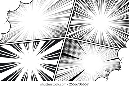 Collection of comic book page templates. Black and white retro pop art frame for superhero story with action lines and dots effect. Vector background