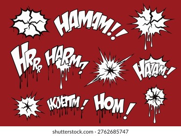 A collection of comic book sound effects in white text with black outlines, featuring words like HAMAM, HRR, HARM, KOETM, and HOM, set against a red backdrop.