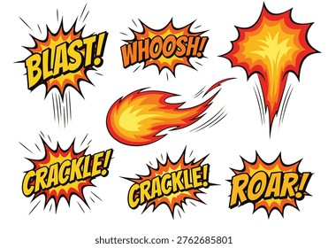 A collection of comic book sound effects including Blast, Whoosh, Crackle, and Roar, with dynamic explosion and flame designs.