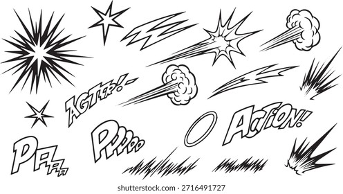 Una colección de Elementos de acción de estilo de cómic que incluyen explosiones, líneas de velocidad y burbujas de texto de efectos de sonido como 'AGH!', 'POW!' y 'ACTION!'.